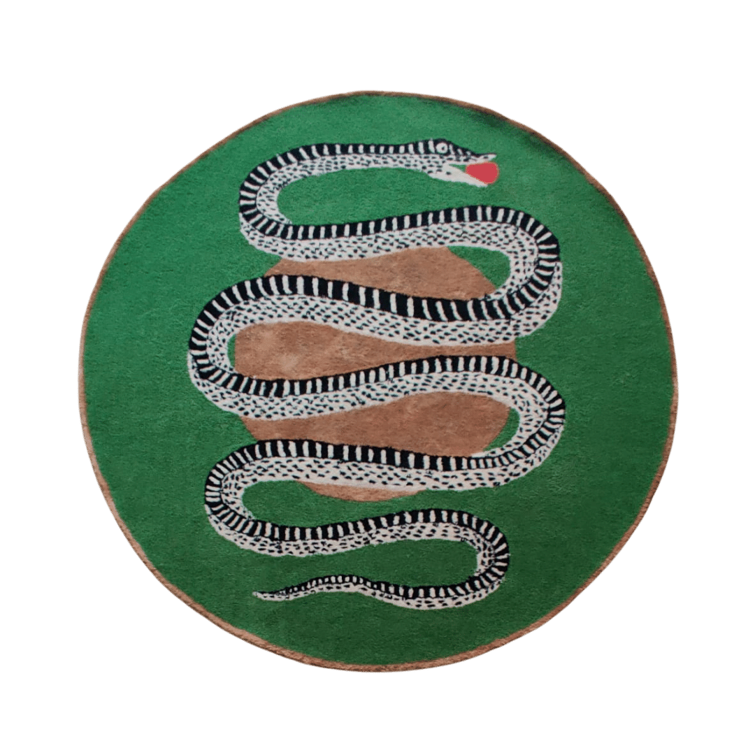Snake and Apple Green Gold Round Hand Tufted Wool Rug