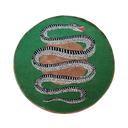 Snake and Apple Green Gold Round Hand Tufted Wool Rug