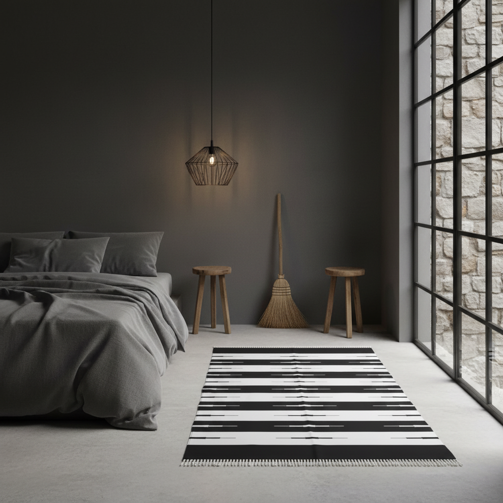Alfombra de algodón a rayas clásica en blanco y negro tejida a mano con flecos