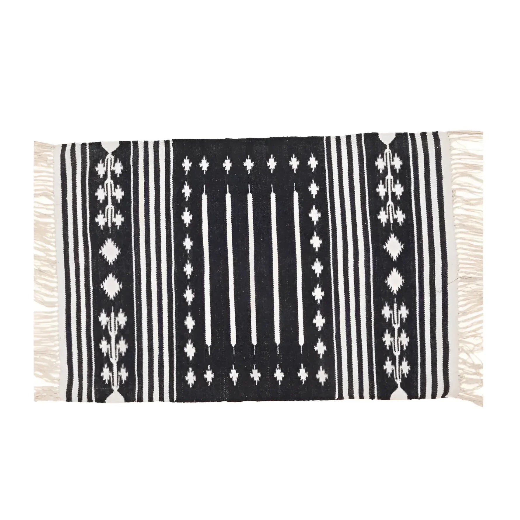 Handwoven Black and White Traditional Patterned Cotton Rug with Fringes