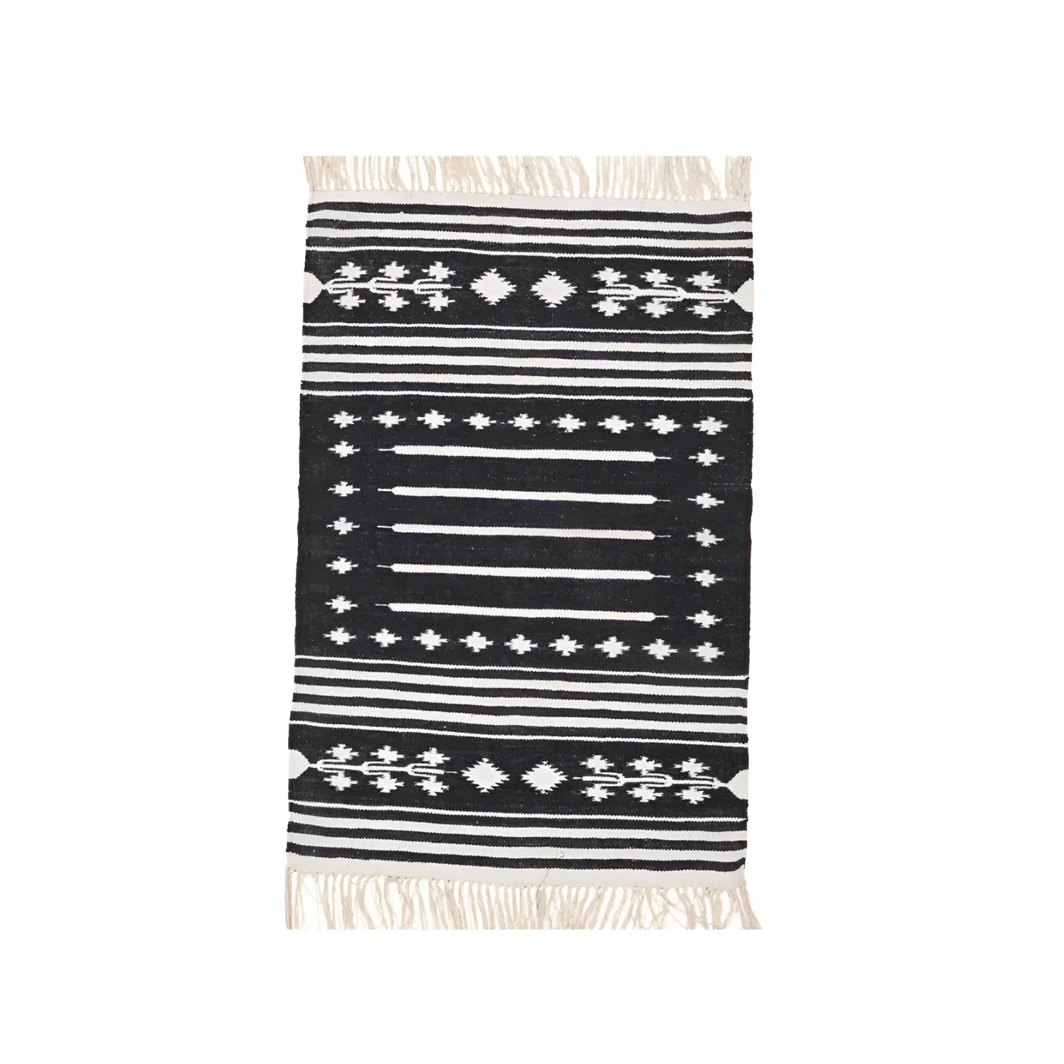 Handwoven Black and White Traditional Patterned Cotton Rug with Fringes