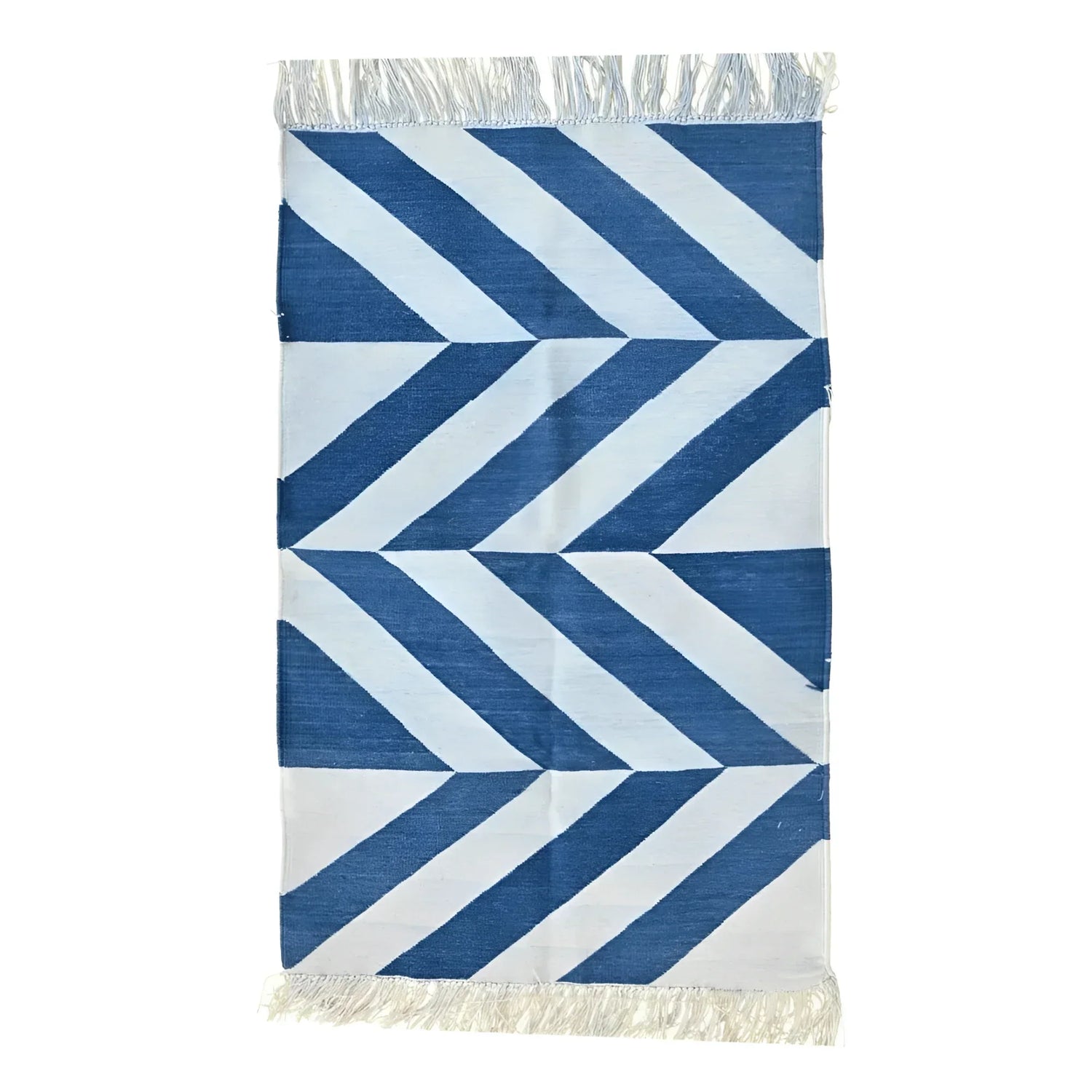Handwoven Blue and White Chevron Cotton Rug with Fringes