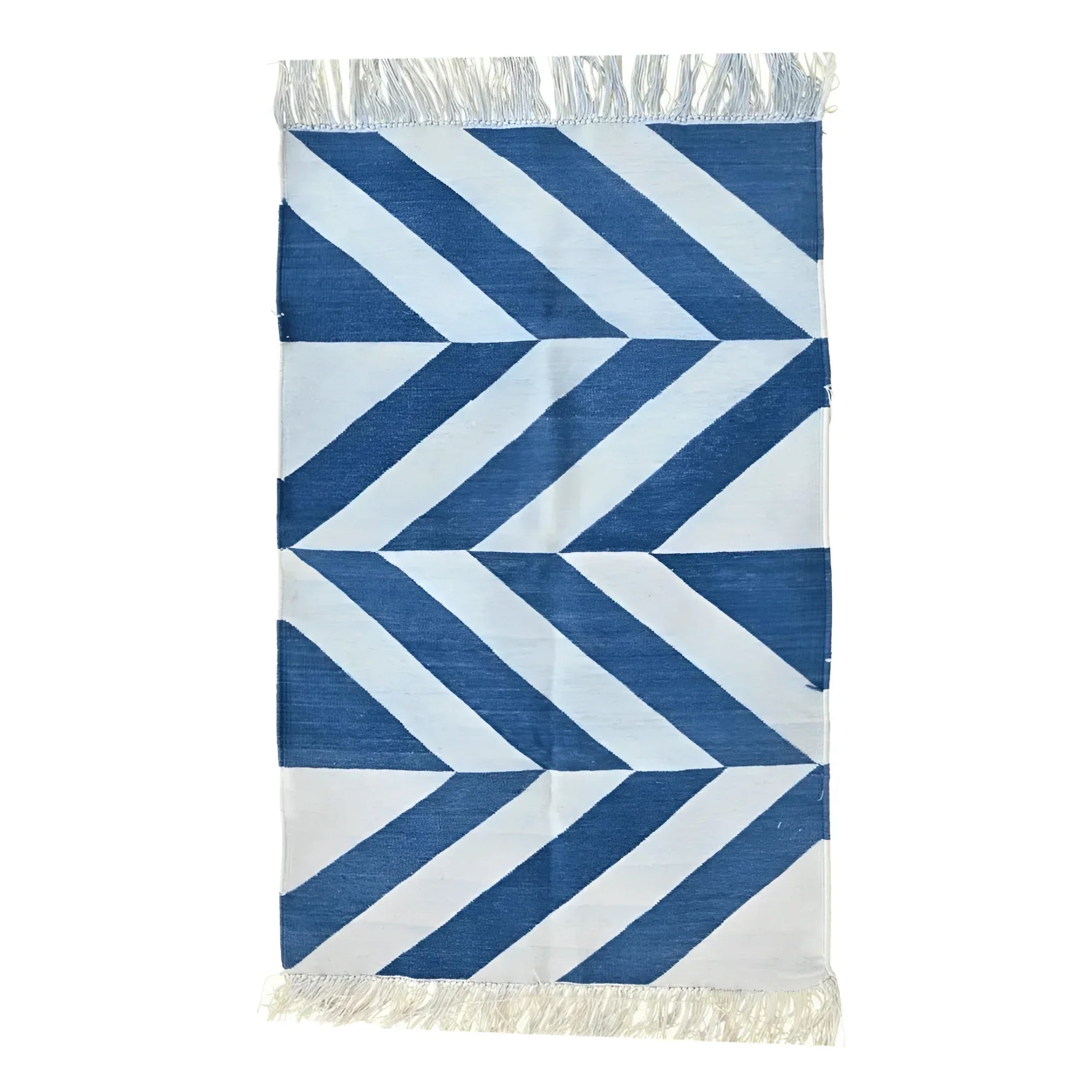 Handwoven Blue and White Chevron Cotton Rug with Fringes