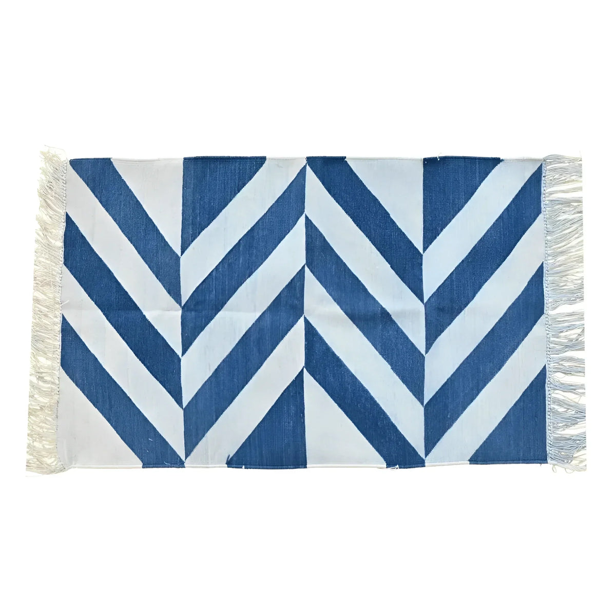 Handwoven Blue and White Chevron Cotton Rug with Fringes