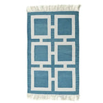 A beautifully handwoven blue and white geometric cotton area rug with fringes, perfect for adding a boho touch to your living room. This large area rug features a stylish pattern that enhances any living space, making it an ideal choice for those seeking cotton rugs or large area rugs for living room decor.