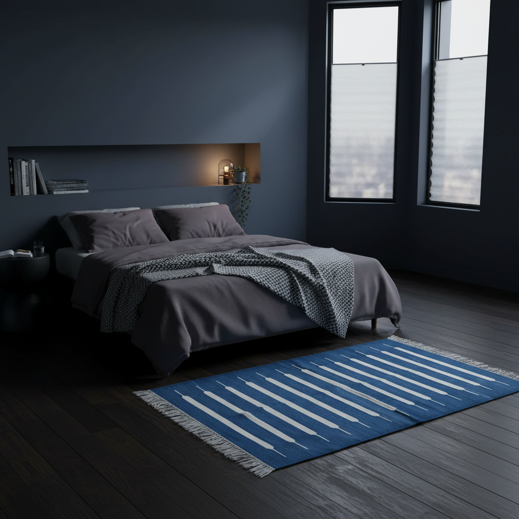 Alfombra de algodón tejida a mano con mini rayas azules y blancas y flecos