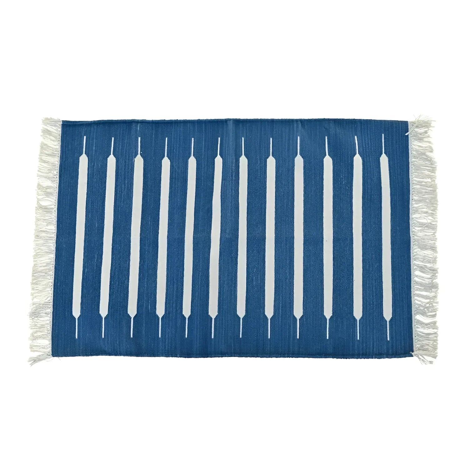 Handwoven Blue and White Mini Stripe Cotton Rug with Fringes