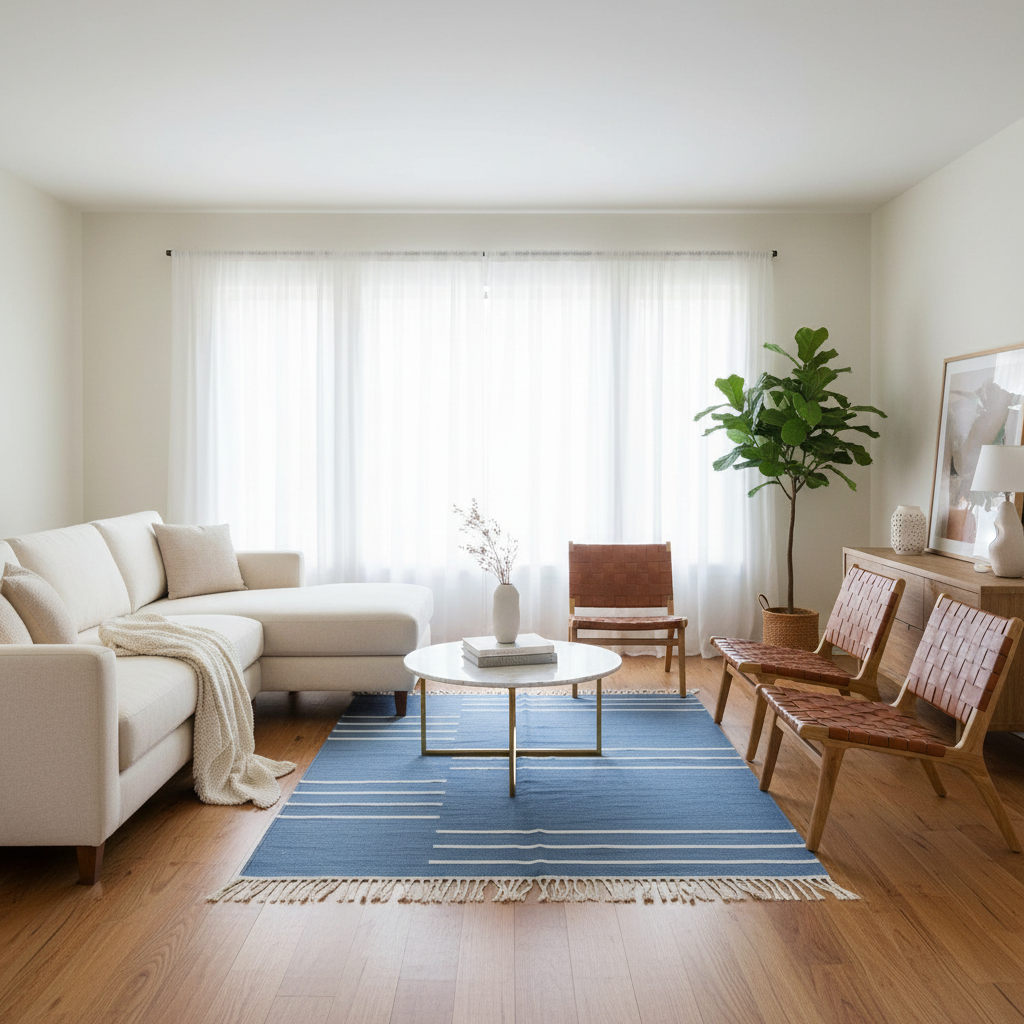 Handwoven Blue and White Miniamlistic Cotton Rug with Fringes