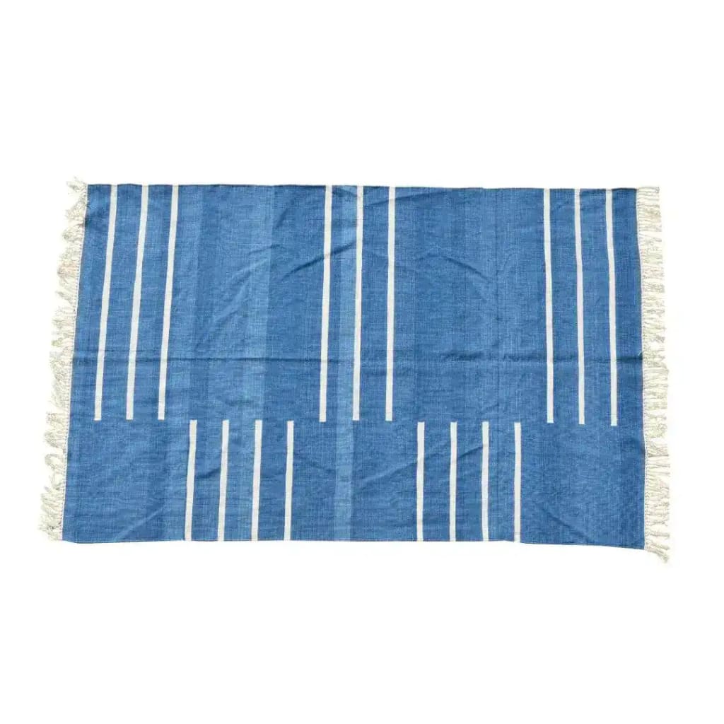 Handwoven blue and white minimalistic stripe cotton area rug with fringes, perfect for adding a boho touch to your living room. This large area rug features simple, elegant stripes and soft texture, ideal for those seeking large area rugs for living room decor.