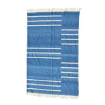 Handwoven blue and white minimalistic stripe cotton area rug with fringes, ideal for large living rooms. This boho rug features a simple yet stylish design, perfect for adding a touch of elegance to your living space.