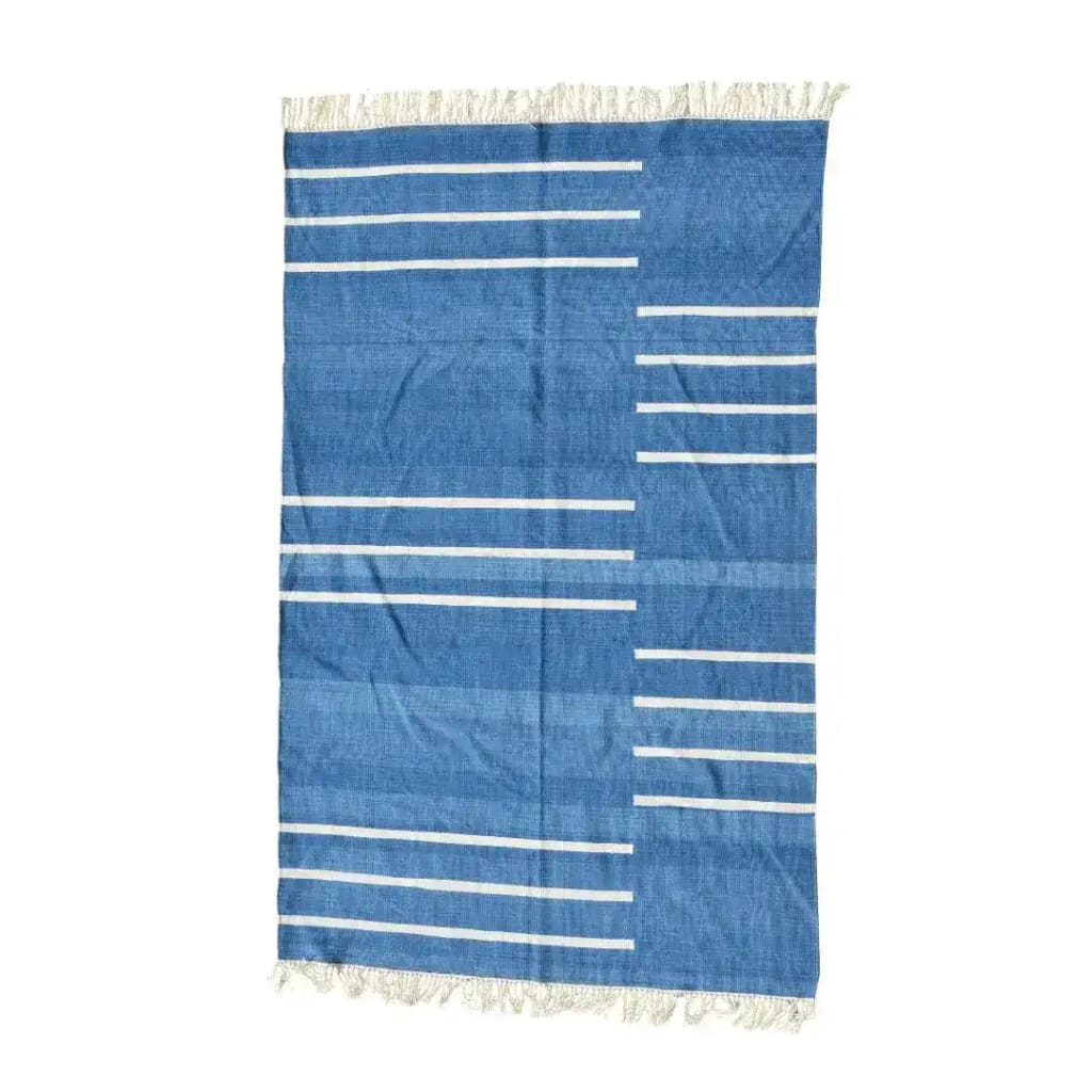 Handwoven blue and white minimalistic stripe cotton area rug with fringes, ideal for large living rooms. This boho rug features a simple yet stylish design, perfect for adding a touch of elegance to your living space.