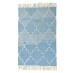 Handwoven blue and white Moroccan patterned cotton area rug with fringes, perfect for adding a boho touch to your living room. This 8x10 rug features an intricate geometric design, ideal for those seeking stylish rugs for living room spaces.