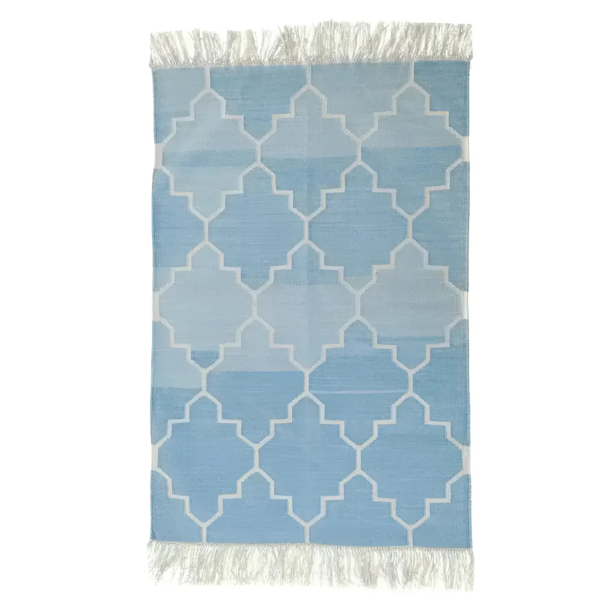 Handwoven blue and white Moroccan patterned cotton area rug with fringes, perfect for adding a boho touch to your living room. This 8x10 rug features an intricate geometric design, ideal for those seeking stylish rugs for living room spaces.