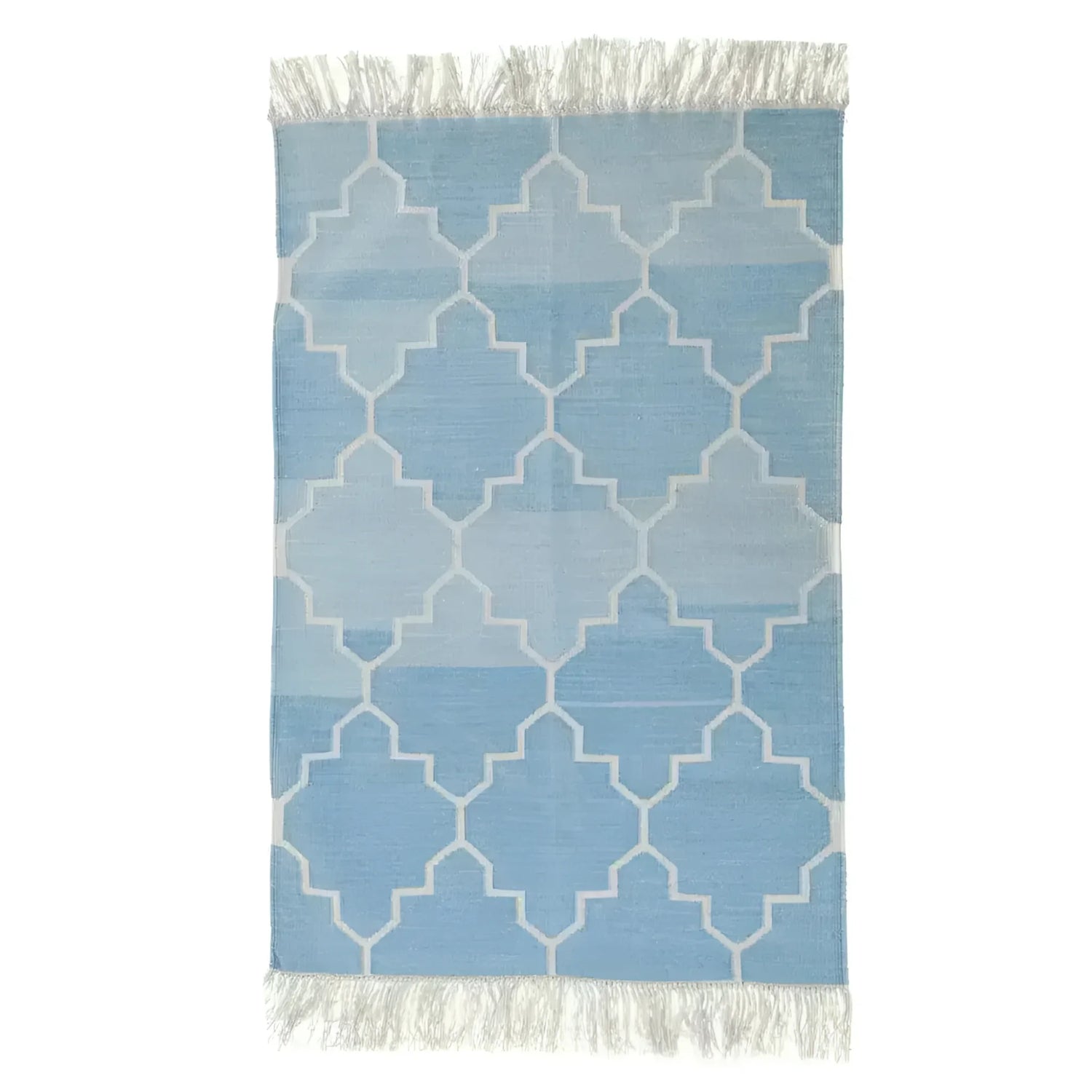 Handwoven blue and white Moroccan patterned cotton area rug with fringes, perfect for adding a boho touch to your living room. This 8x10 rug features an intricate geometric design, ideal for those seeking stylish rugs for living room spaces.