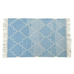 A beautiful handwoven area rug with a blue and white Moroccan pattern, perfect for adding a touch of boho style to your living room. The cotton rug features intricate geometric designs and fringes on the edges, ideal for use as an 8x10 living room rug.