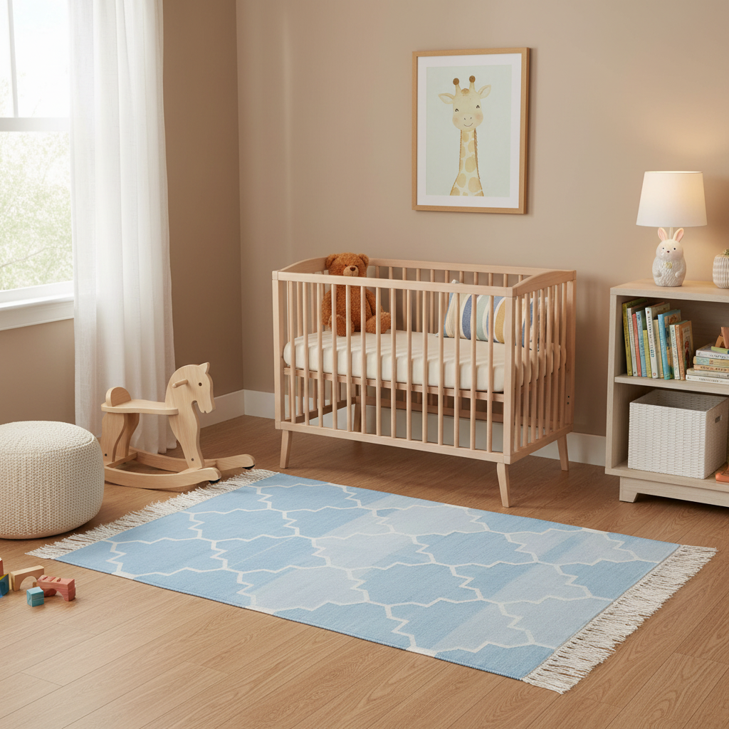 Handwoven Blue and White Moroccan Patterned Cotton Rug with Fringes