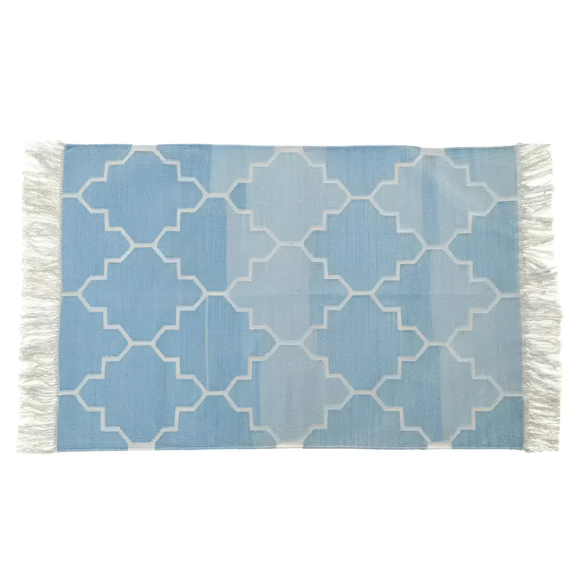 A beautiful handwoven area rug with a blue and white Moroccan pattern, perfect for adding a touch of boho style to your living room. The cotton rug features intricate geometric designs and fringes on the edges, ideal for use as an 8x10 living room rug.