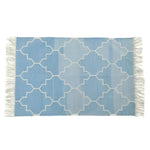 A beautiful handwoven area rug with a blue and white Moroccan pattern, perfect for adding a touch of boho style to your living room. The cotton rug features intricate geometric designs and fringes on the edges, ideal for use as an 8x10 living room rug.