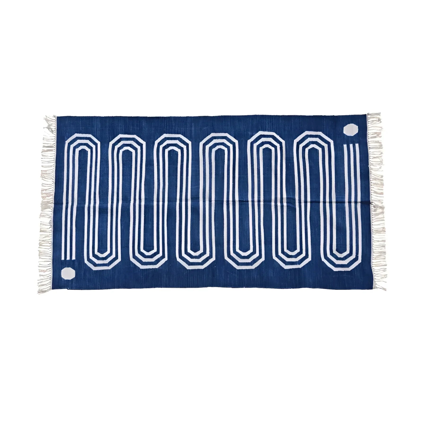 Handwoven Blue and White Snake Inspired Cotton Rug with Fringes