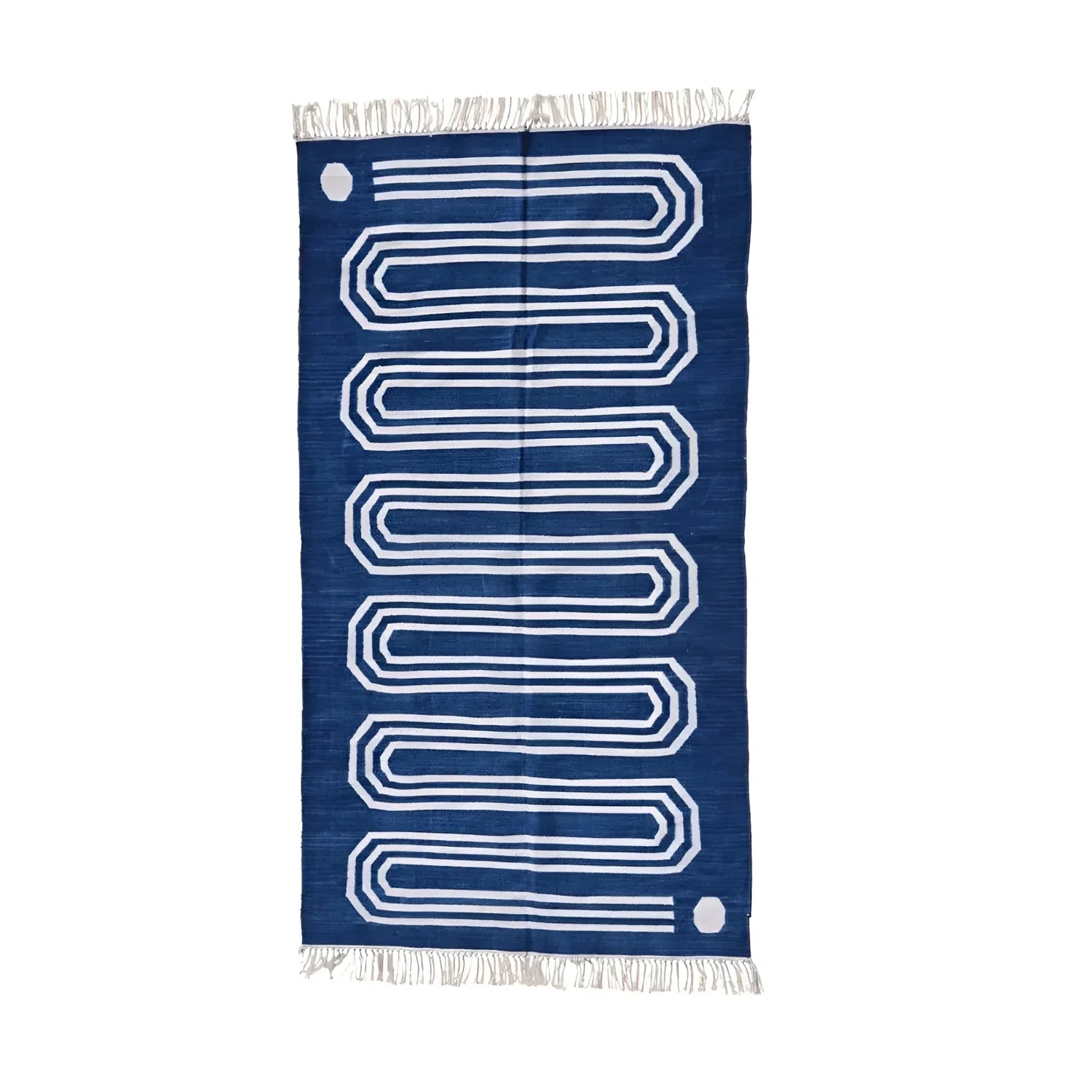 Handwoven Blue and White Snake Inspired Cotton Rug with Fringes
