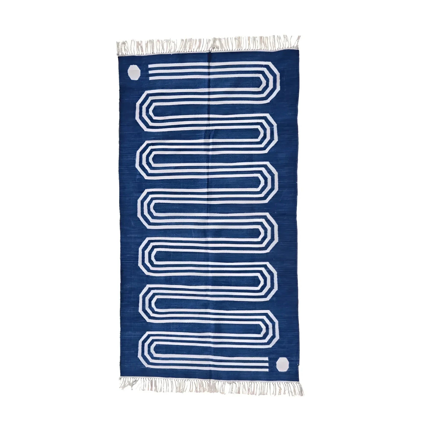 Handwoven Blue and White Snake Inspired Cotton Rug with Fringes