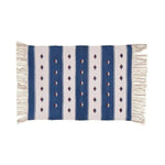 Handwoven blue and white stripe cotton area rug with fringes, perfect for adding a boho touch to dining rooms and living spaces. Ideal as a dining room area rug or under a dining table in a cozy living room setting.