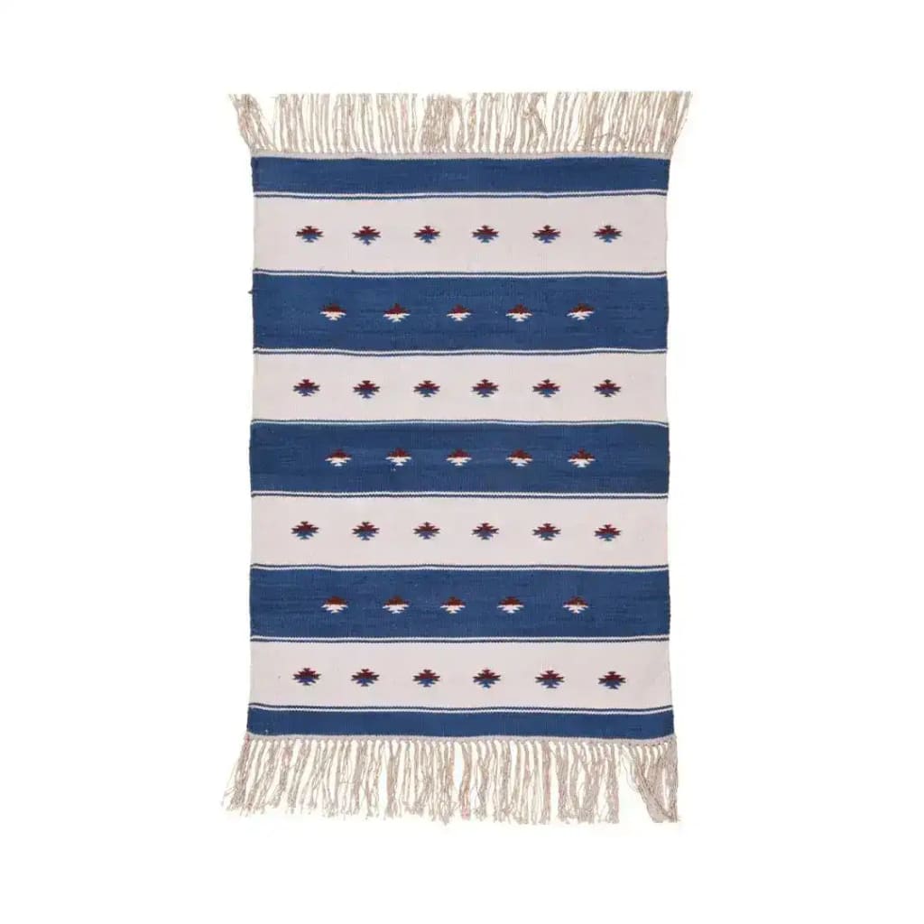 Handwoven area rug featuring blue and white stripes with intricate patterns and fringed edges, perfect for adding a boho touch to your dining room or living room. This cotton rug is ideal as a dining table rug or a stylish accent in any space.