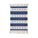Handwoven area rug featuring blue and white stripes with intricate patterns and fringed edges, perfect for adding a boho touch to your dining room or living room. This cotton rug is ideal as a dining table rug or a stylish accent in any space.
