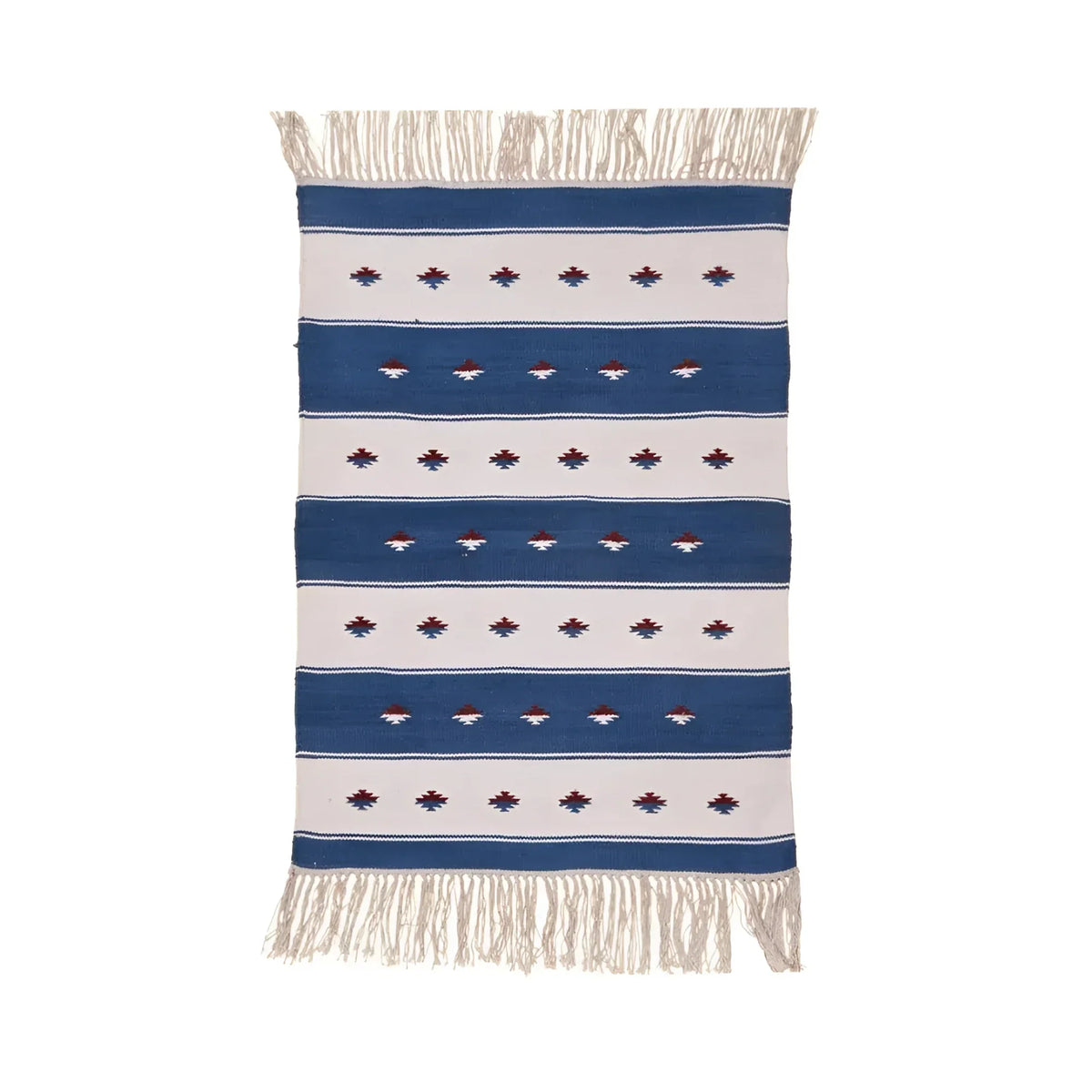 Handwoven Blue and White Stripe Accent Cotton Rug with Fringes
