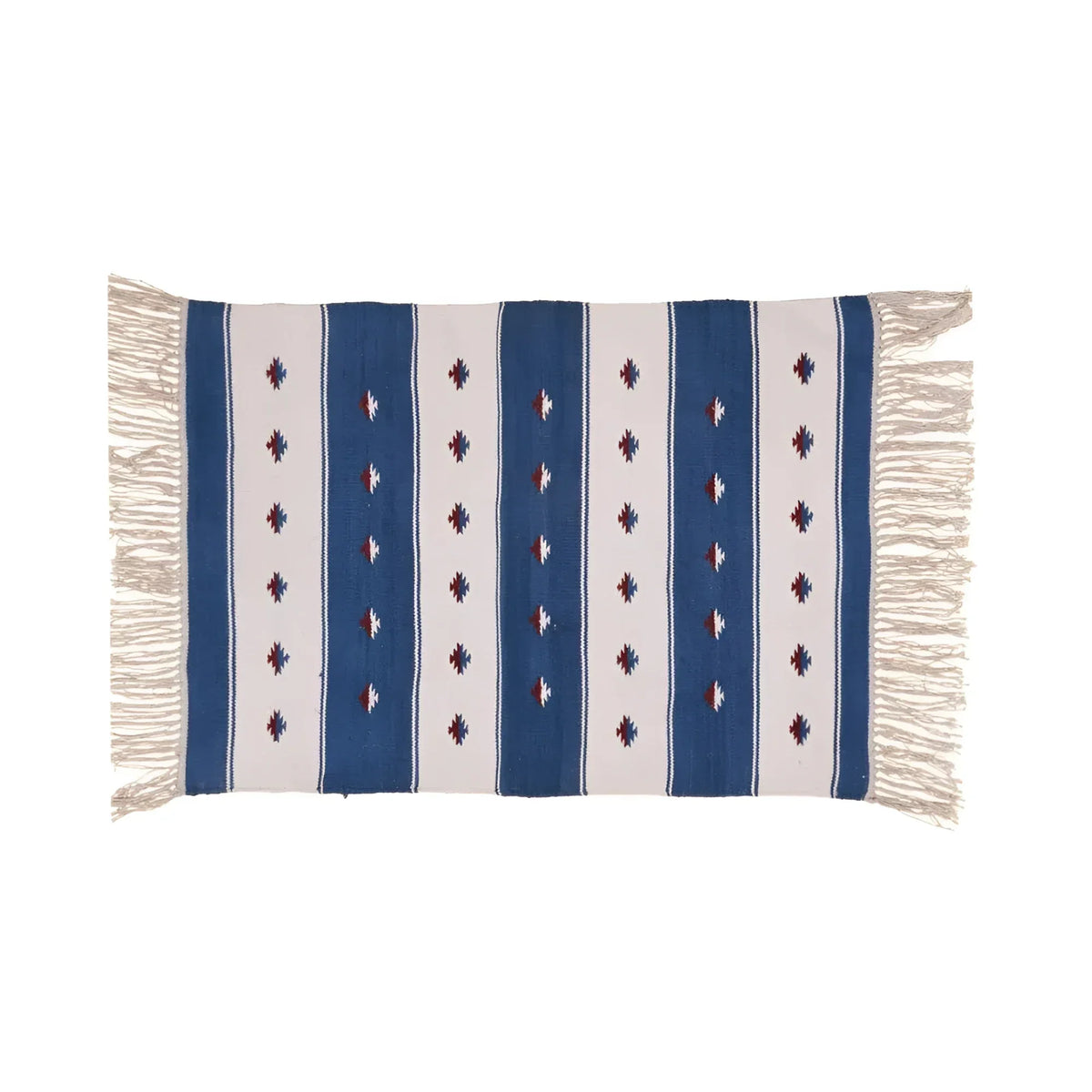 Handwoven Blue and White Stripe Accent Cotton Rug with Fringes