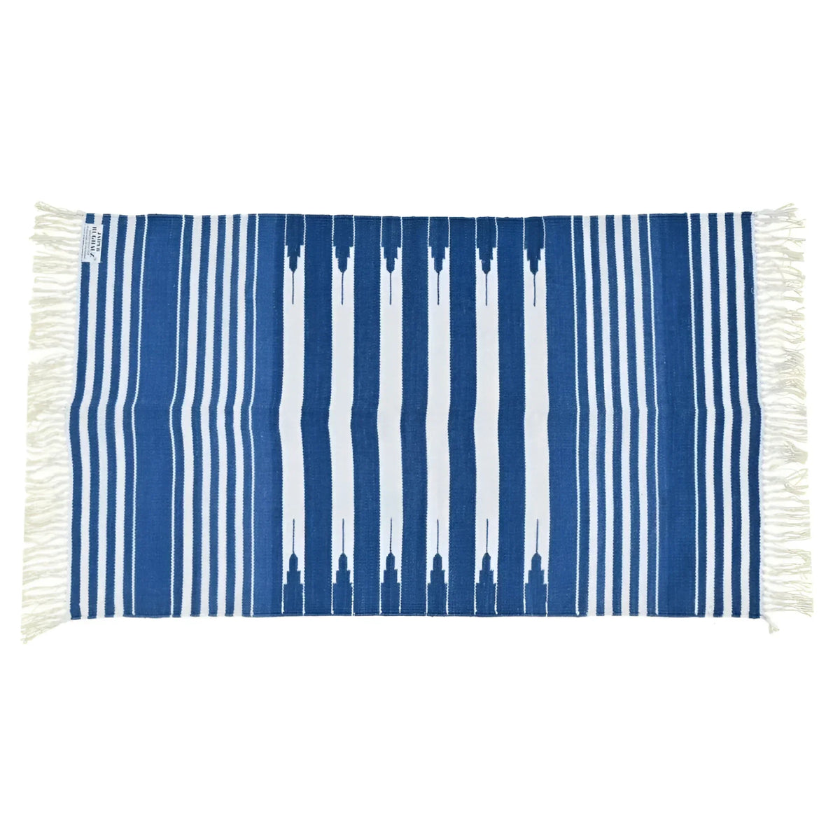 Handwoven Blue and White Stripe Cotton Rug with Fringes