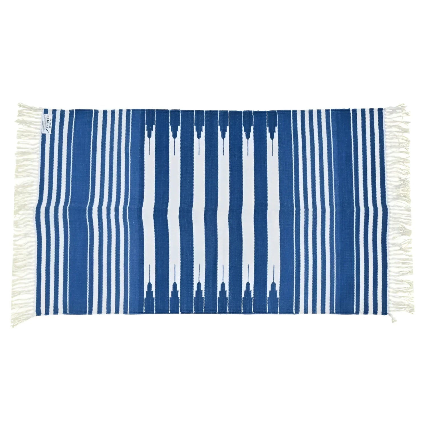 Handwoven Blue and White Stripe Cotton Rug with Fringes