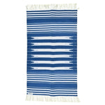 Handwoven Blue and White Stripe Cotton Rug with Fringes