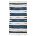 Handwoven blue and white stripe Ikat cotton area rug with fringes, perfect for an office or living room. This boho rug brings style and comfort to any space, ideal as an 8x10 living room rug or a chic addition to an office area.