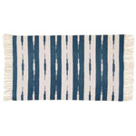 A handwoven blue and white stripe ikat cotton area rug with fringes, ideal for office or living room decor. The boho rug features a classic design, perfect as an 8x10 living room rug or for adding a touch of style to an office space.