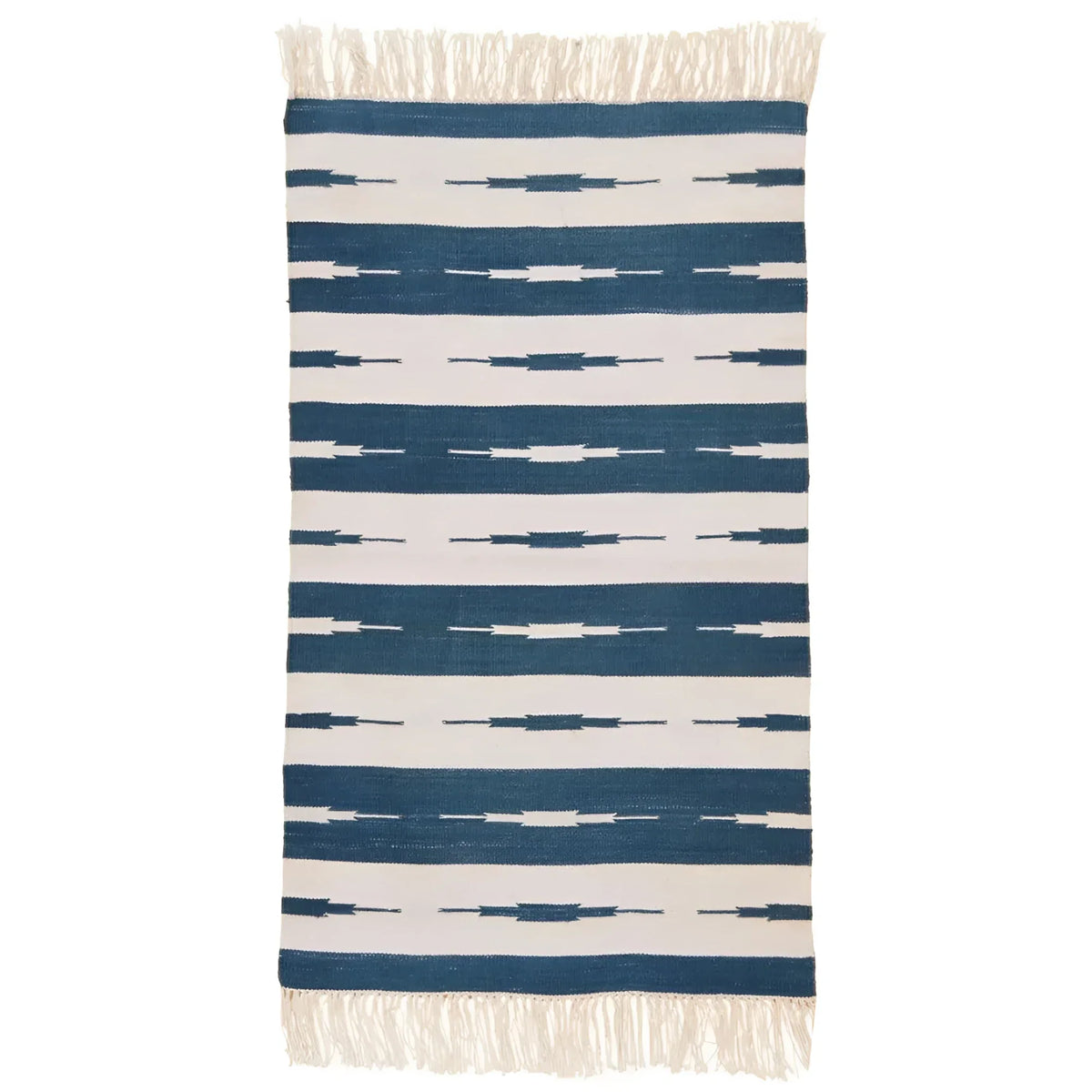 Handwoven Blue and White Stripe Ikat Cotton Rug with Fringes