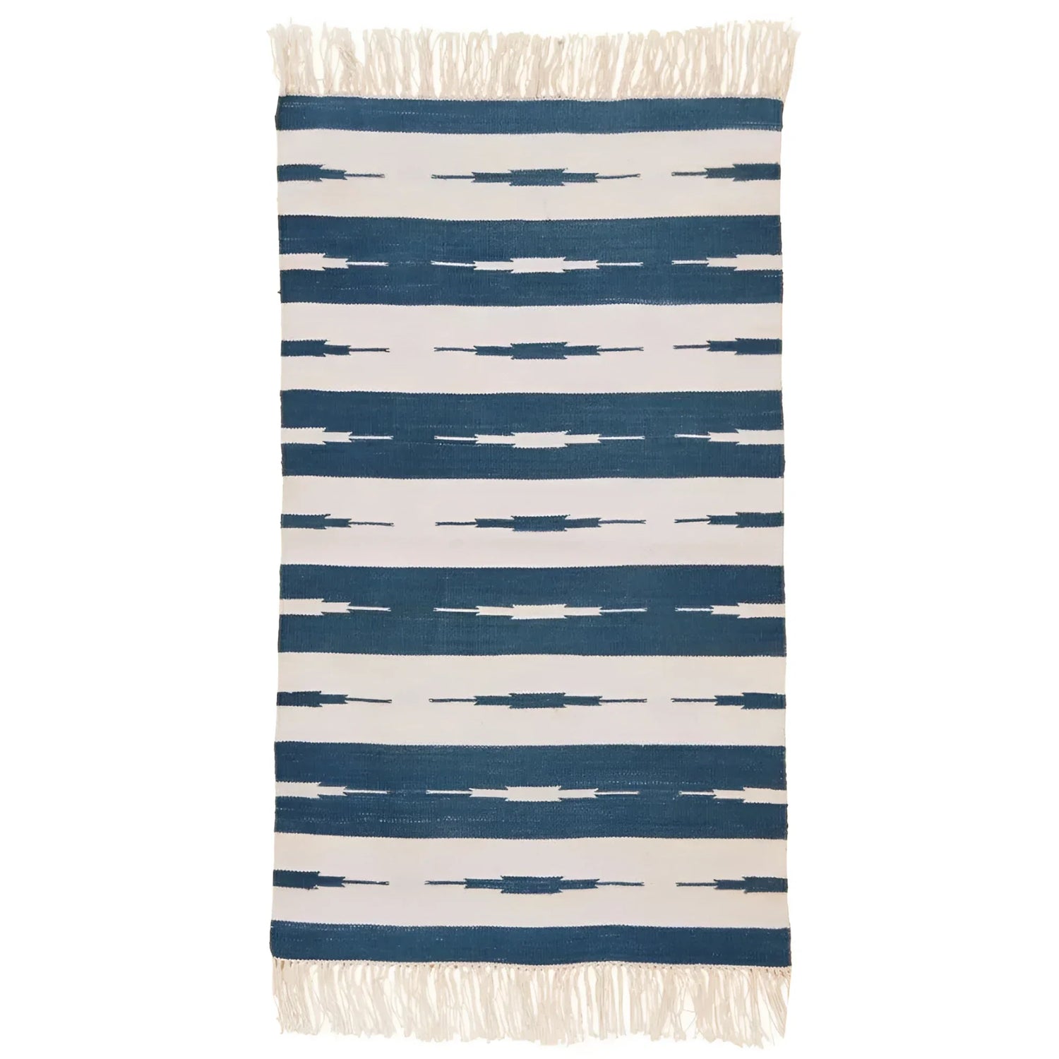 Handwoven Blue and White Stripe Ikat Cotton Rug with Fringes