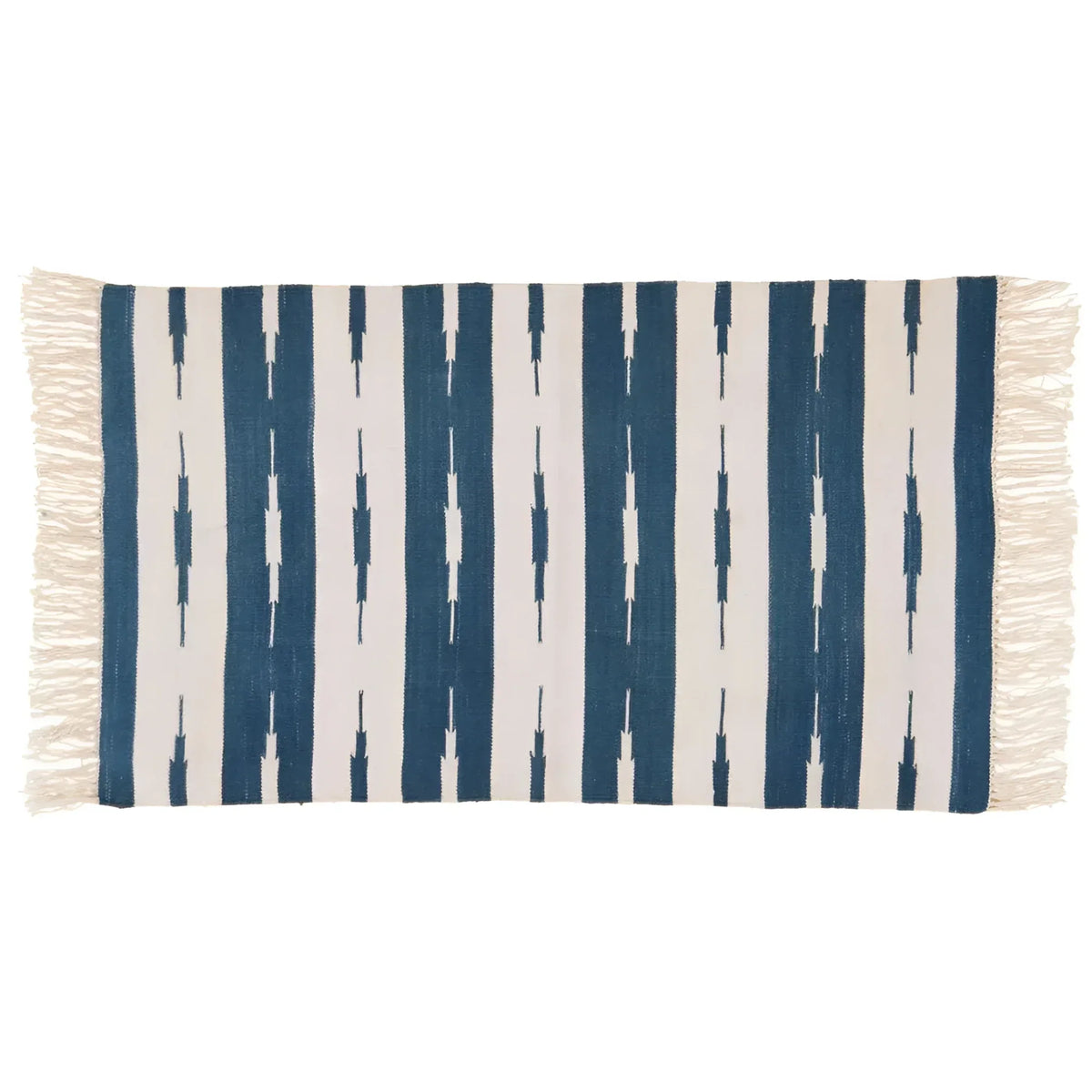 Handwoven Blue and White Stripe Ikat Cotton Rug with Fringes