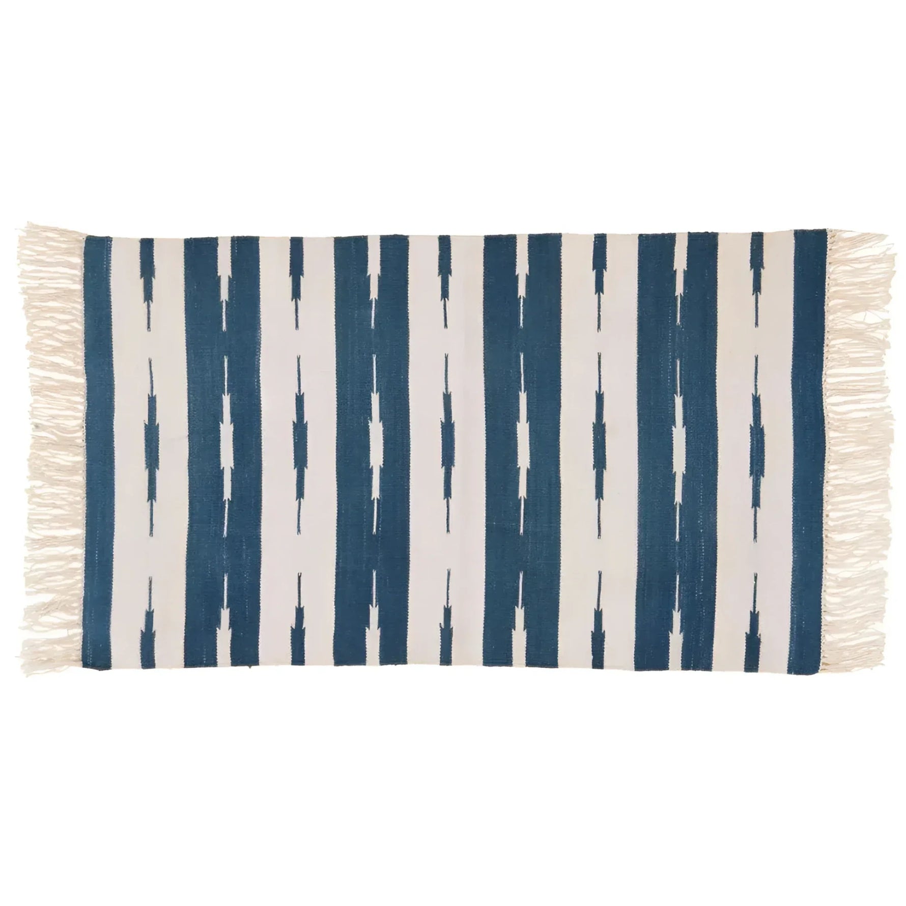 Handwoven Blue and White Stripe Ikat Cotton Rug with Fringes