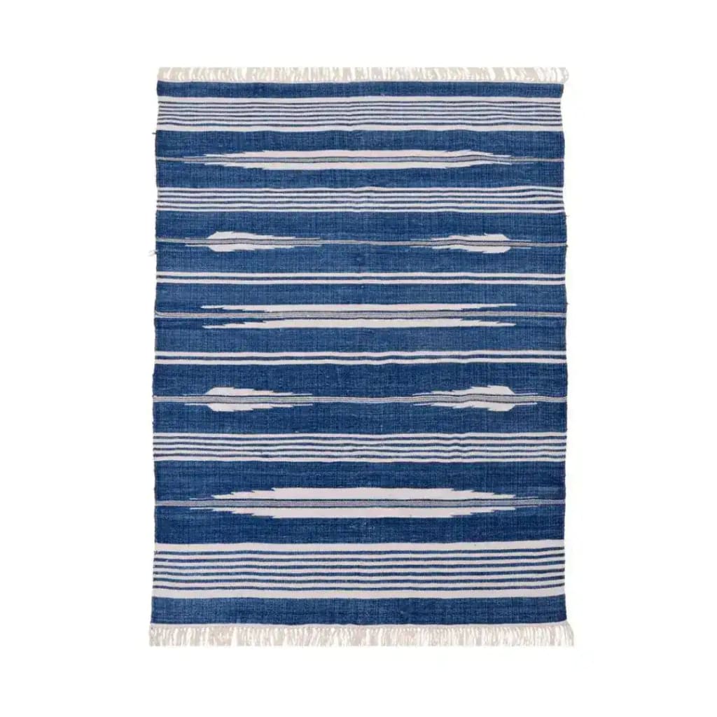 Handwoven blue and white striped cotton rug with fringes, ideal for adding a boho touch to your office or living room. This area rug features a striking linear pattern, perfect for those seeking stylish cotton rugs for their living room area.