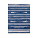 Handwoven blue and white striped cotton rug with fringes, ideal for adding a boho touch to your office or living room. This area rug features a striking linear pattern, perfect for those seeking stylish cotton rugs for their living room area.