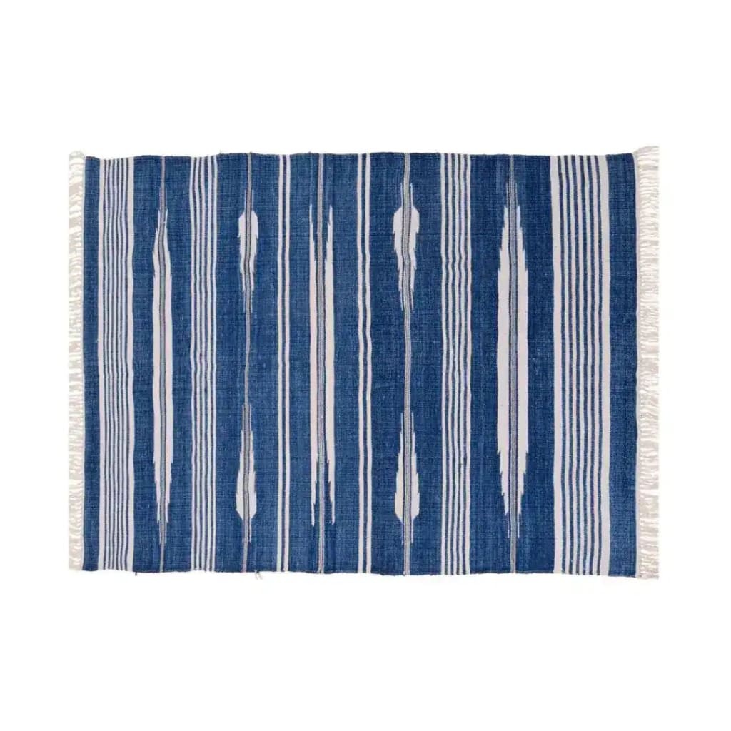 This image features a handwoven blue and white stripe patterned cotton area rug with fringes, perfect for adding a boho touch to your living room or office. The elegant stripes create a cozy and stylish atmosphere, making it an ideal choice for those seeking cotton rugs or living room area rugs.