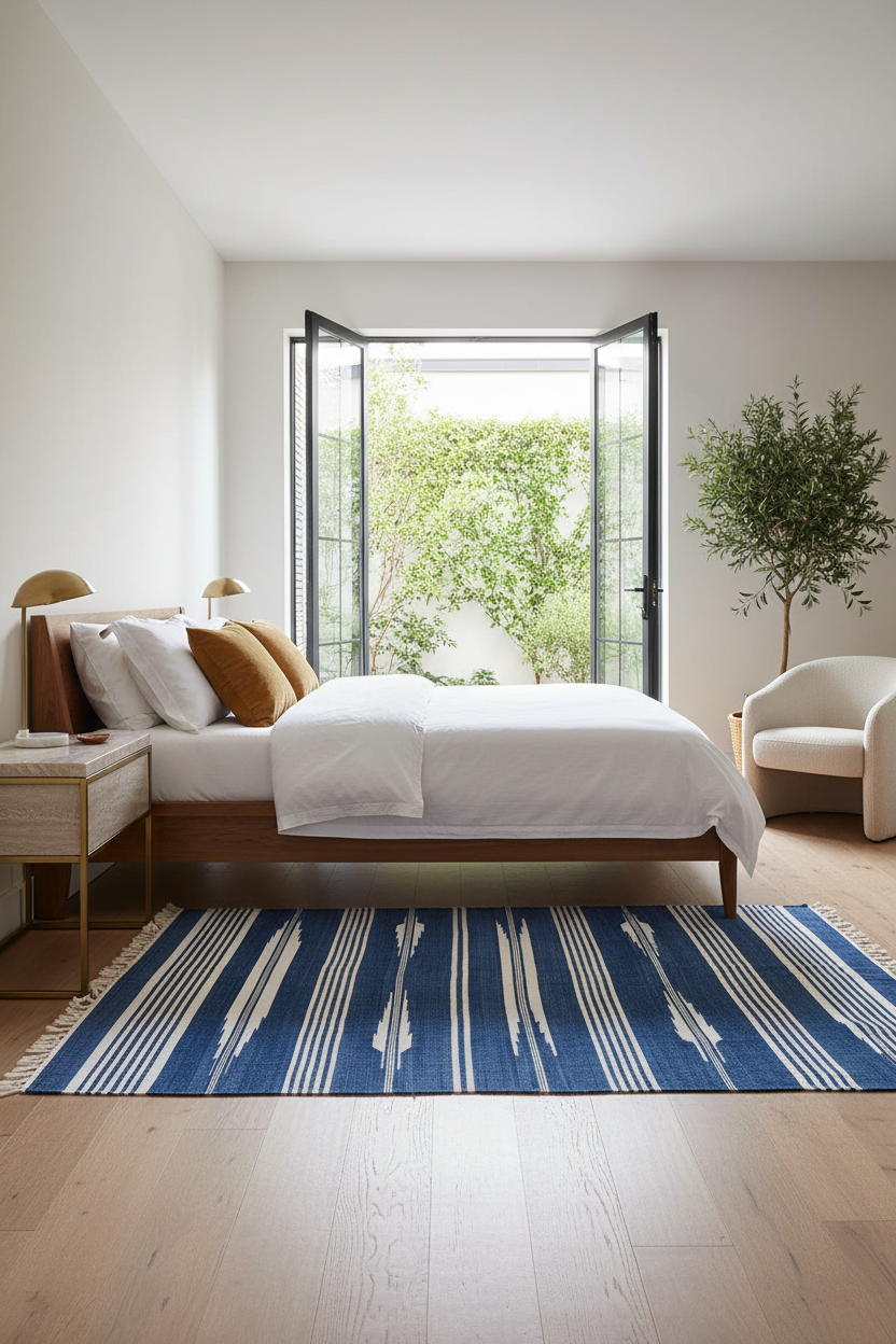 Handwoven Blue and White Stripe Patterned Cotton Rug with Fringes