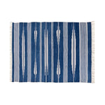 Handwoven Blue and White Stripe Patterned Cotton Rug with Fringes