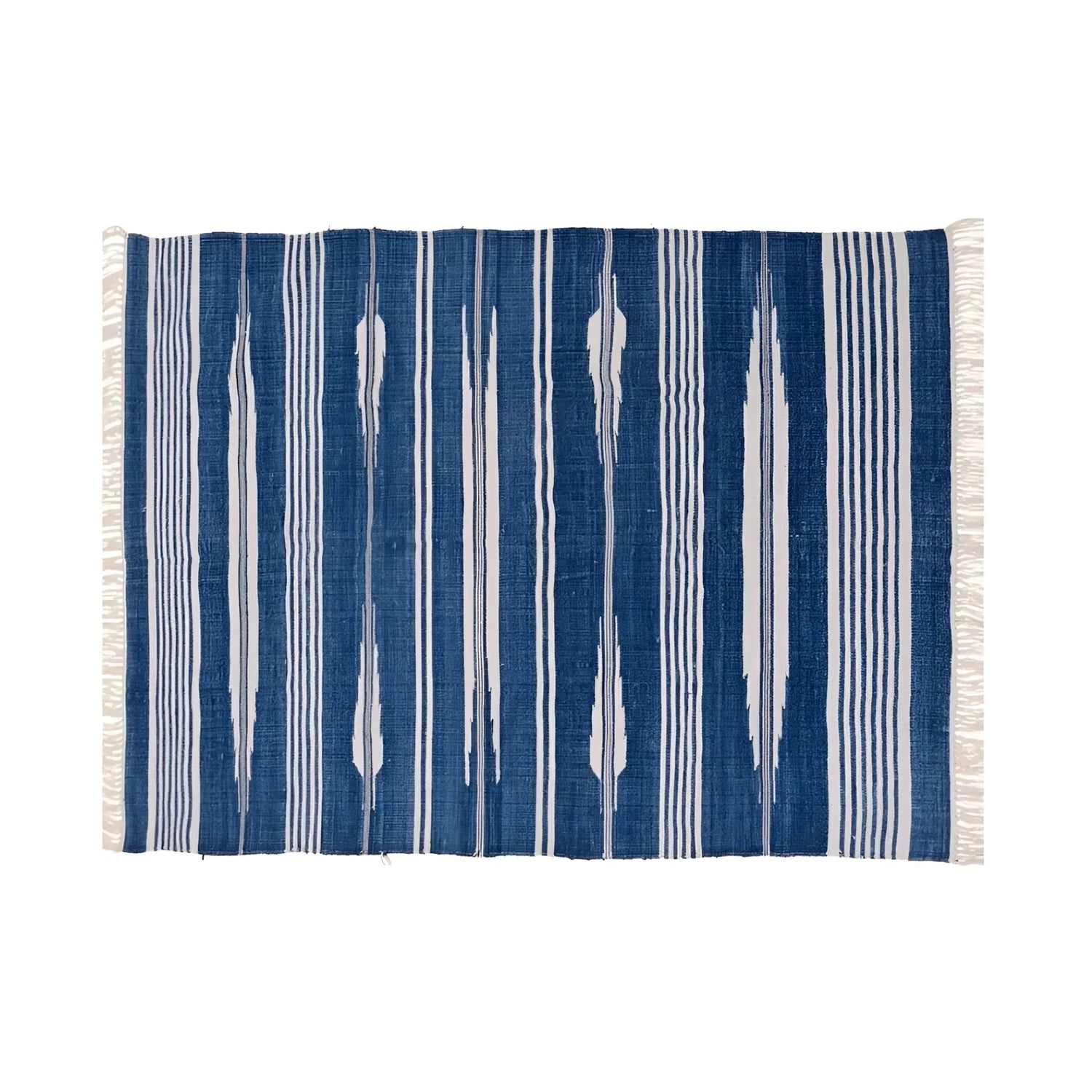 Handwoven Blue and White Stripe Patterned Cotton Rug with Fringes