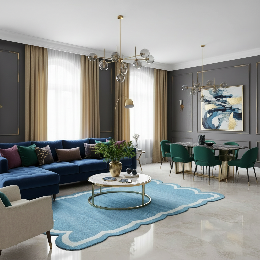 Handwoven Blue/White Scallop Cotton Rug