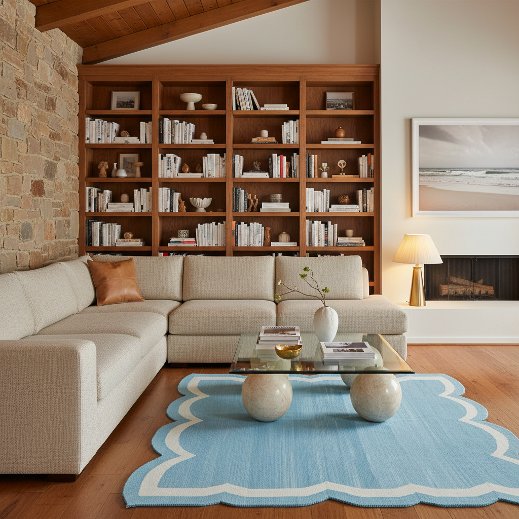Handwoven Blue/White Scallop Cotton Rug