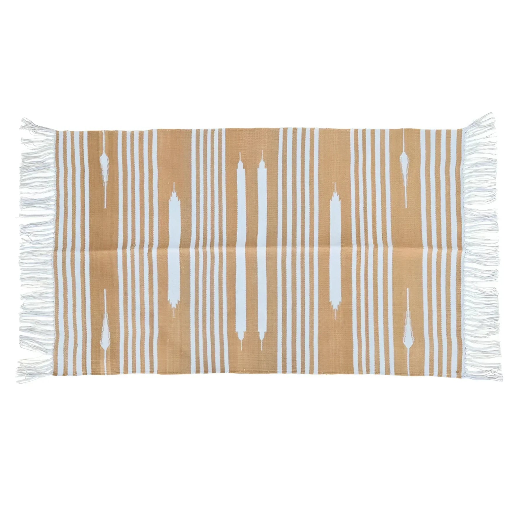 Handwoven Cafe Au Lait and White Stripe Cotton Rug with Fringes