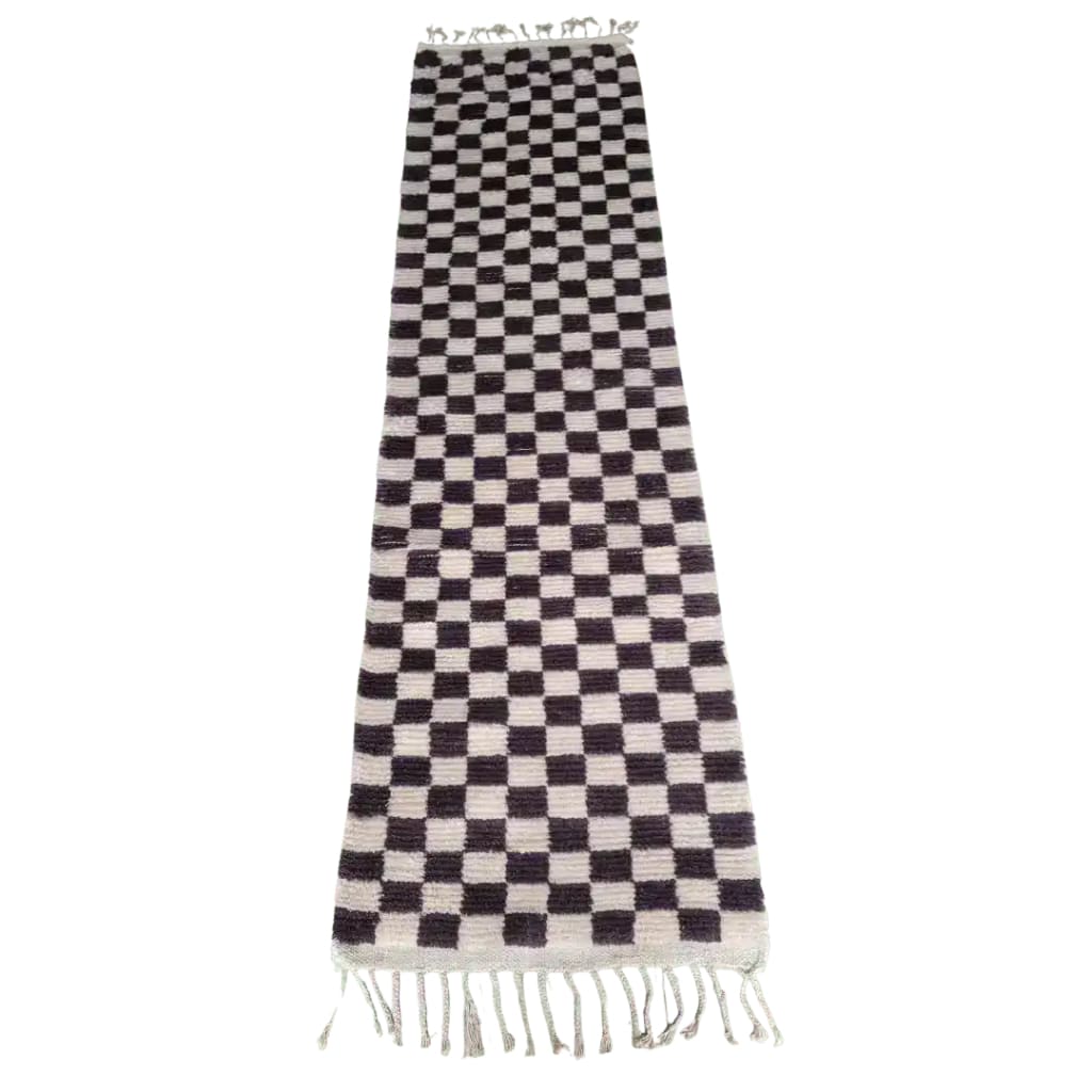 Handwoven Checker Wool Rug with Tassels - Dark Brown and White