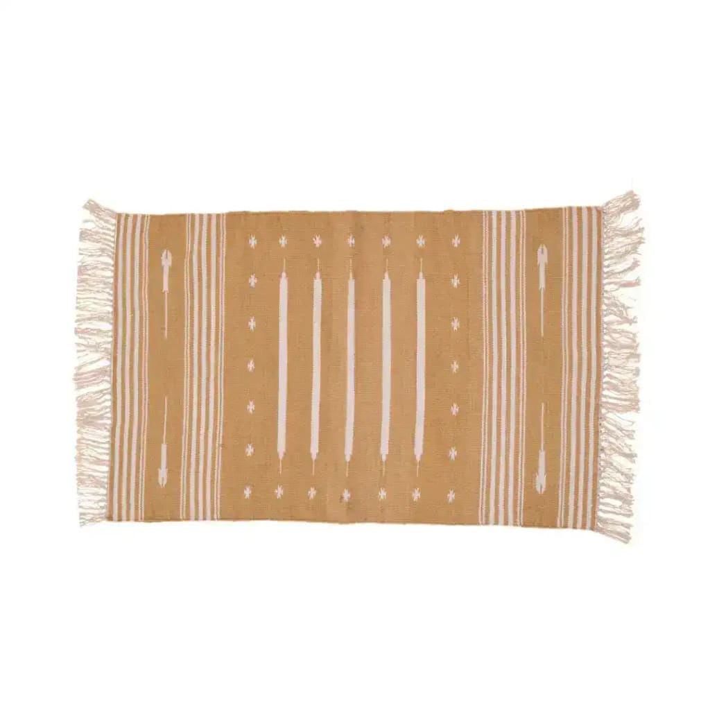 Handwoven Earthy White Stripe Ikat Cotton Rug with Fringes, ideal for adding a boho touch to your office or large living room. This 8x10 area rug features intricate patterns and natural tones, perfect for enhancing any living space.